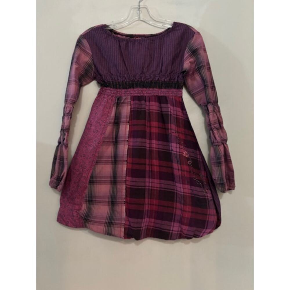 Desigual Patchwork Dress Girls Size 9 - 10 Plaid Bubble Hem Long Sleeve Boho